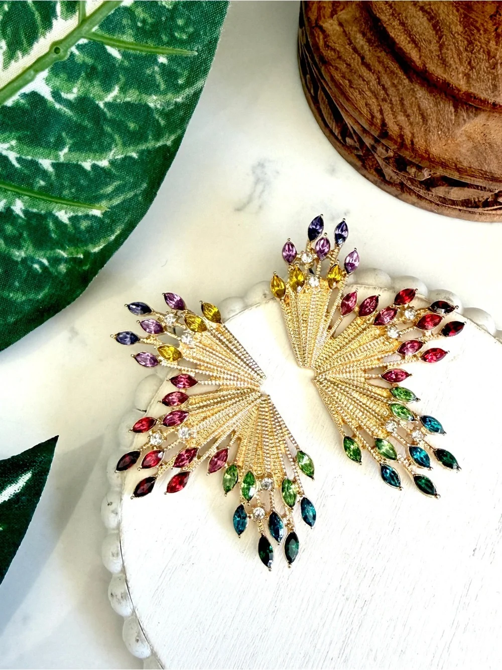 Colorful Rhinestone Starburst Fan Gold Earrings Statement Jewelry Art Deco NEW